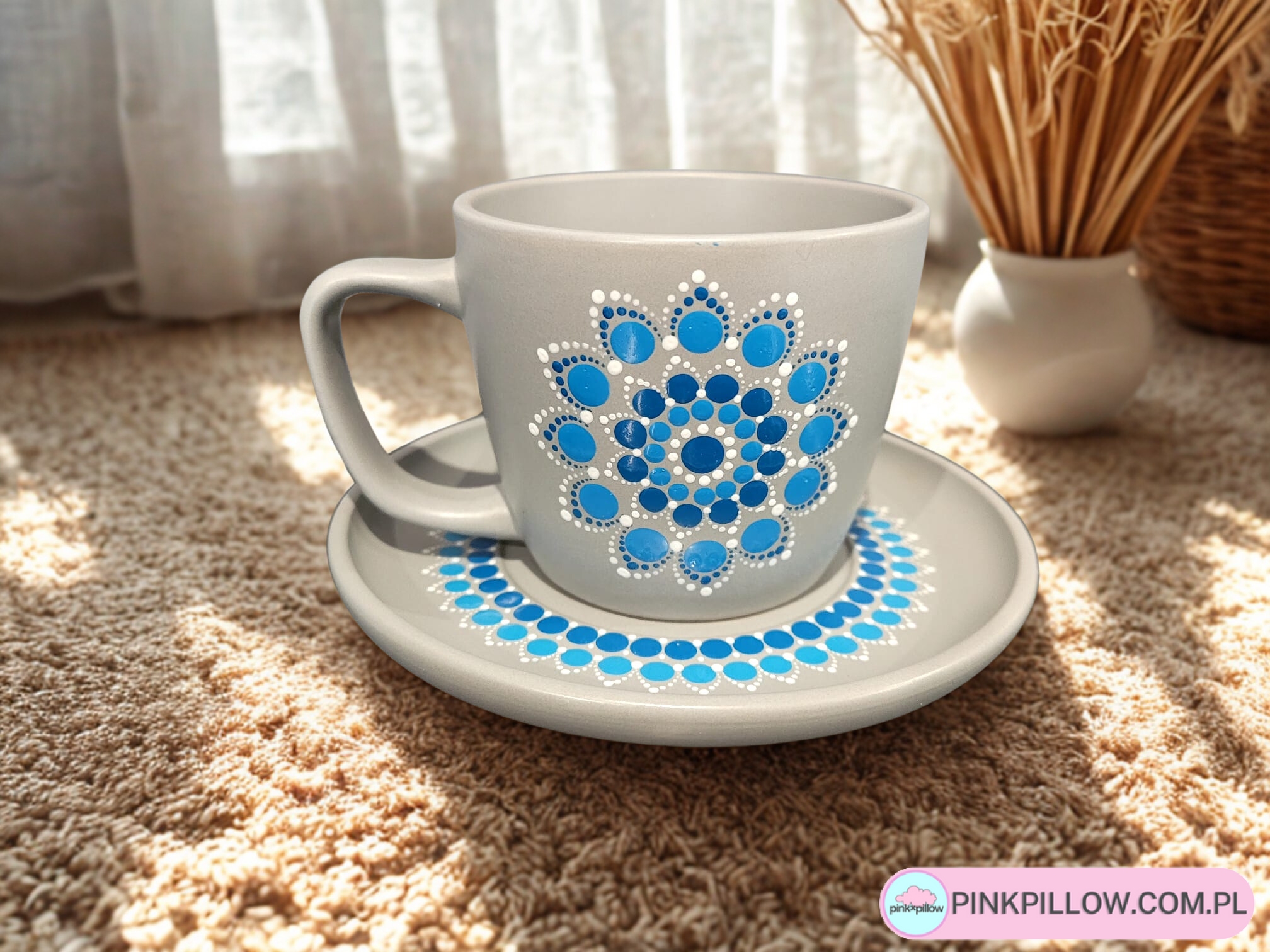 Filiżanka z Talerzykiem ręcznie malowane w Mandalę w odcieniach Błękitu