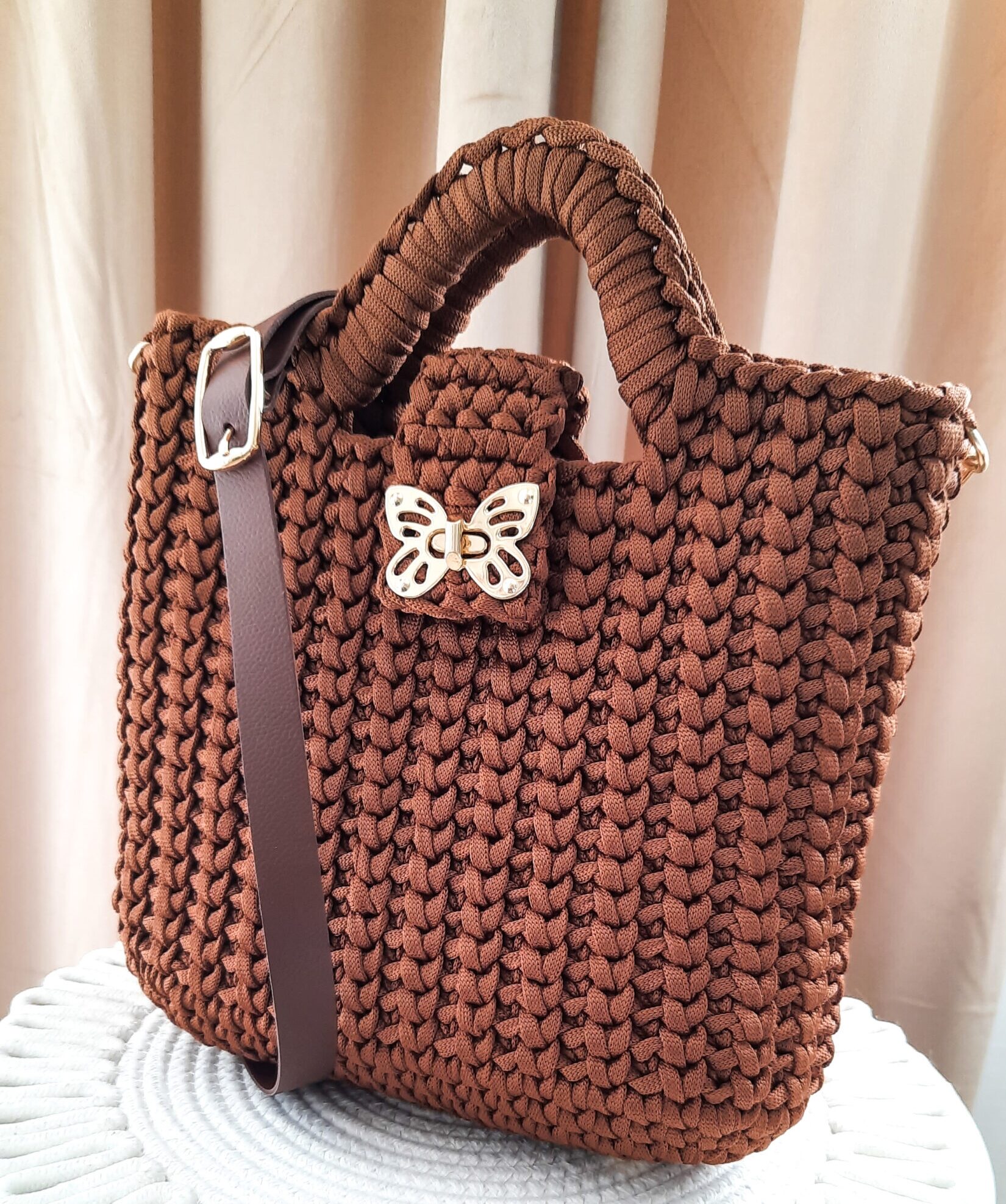 Torba Damska ze sznurka z Podszewką - Kolor Cynamonowy