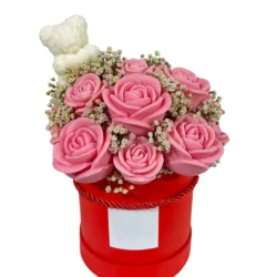 Candle Flower Box Czerwony z Różami i Misiem