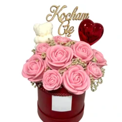 Czerwony Flower Box z wosku z Misiem i Sercem + Kocham Cię