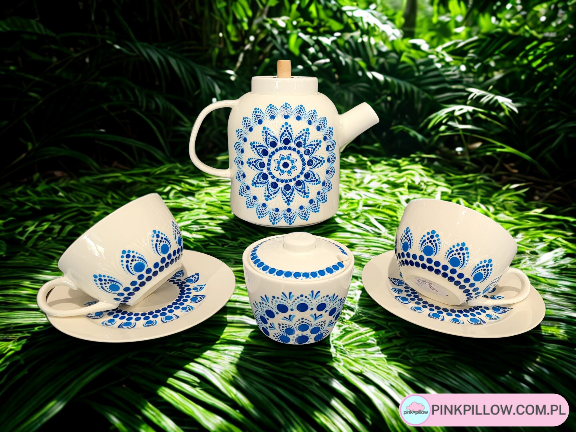 Zestaw do Herbaty z Dzbankiem i Cukiernicą - Wzór Niebieska Mandala