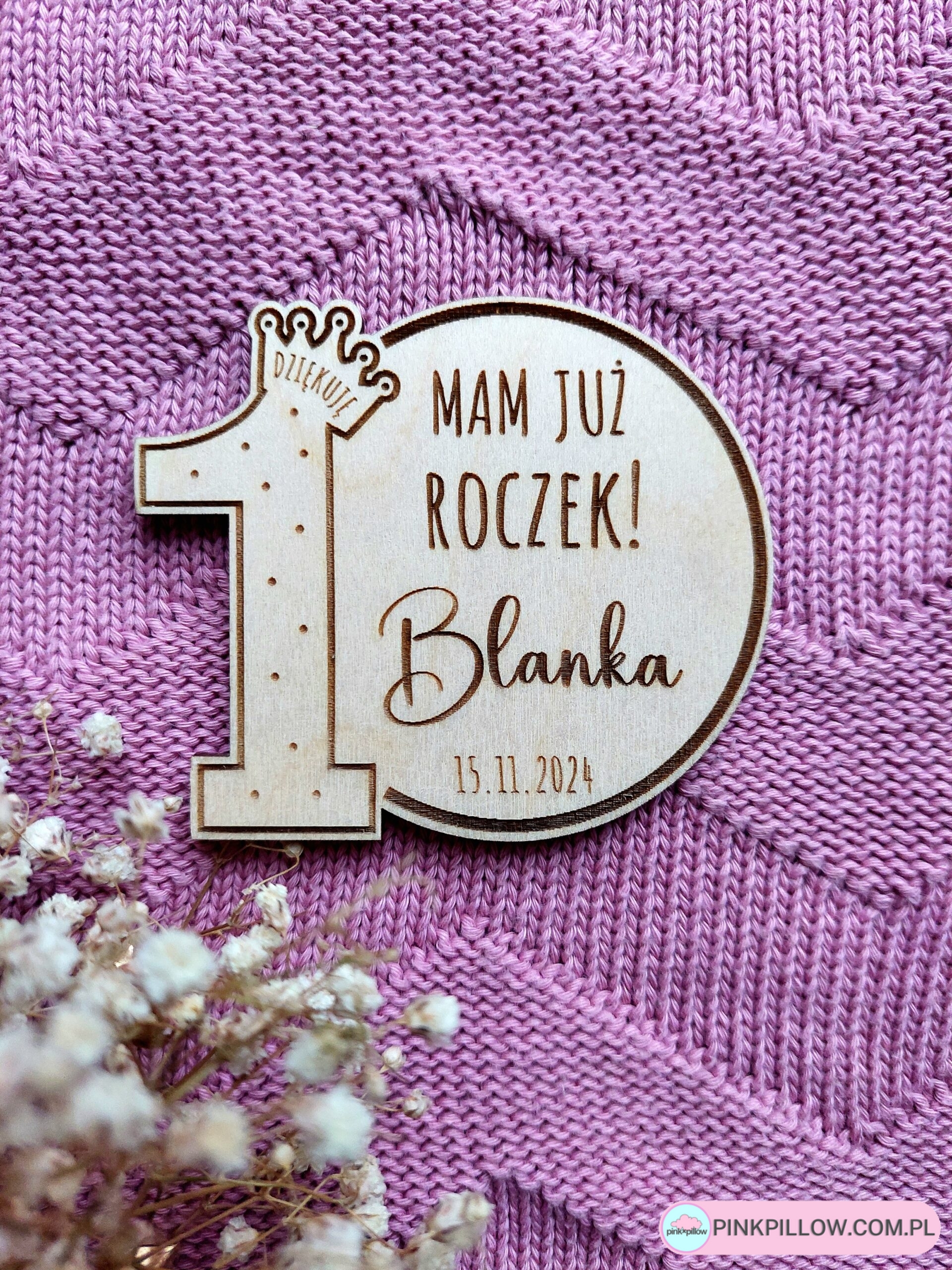 Drewniane podziękowania dla gości na Roczek, Urodziny, Komunię – Wzór Jedynka z koroną