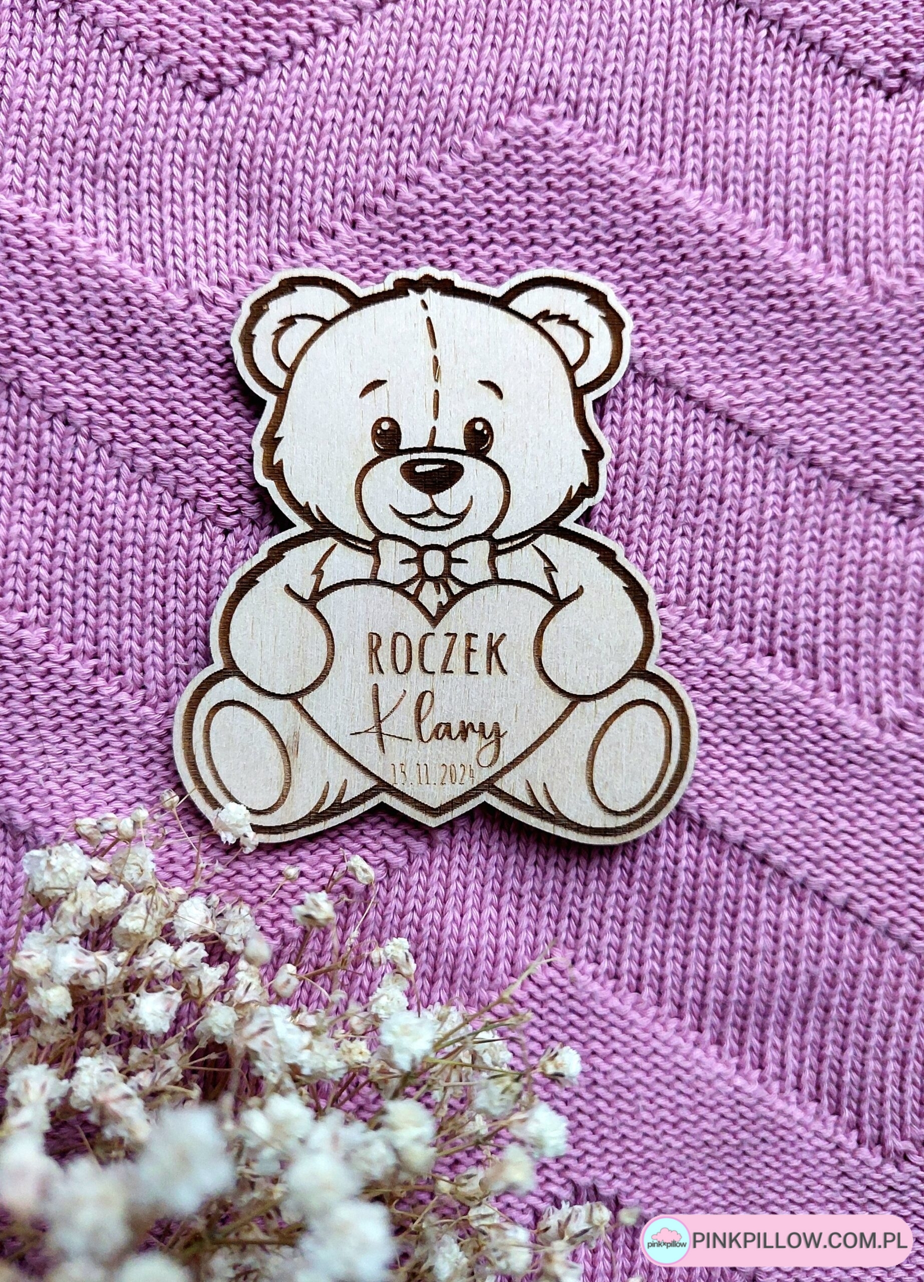 Drewniane podziękowania dla gości na Roczek, Urodziny, Komunię – Wzór Miś