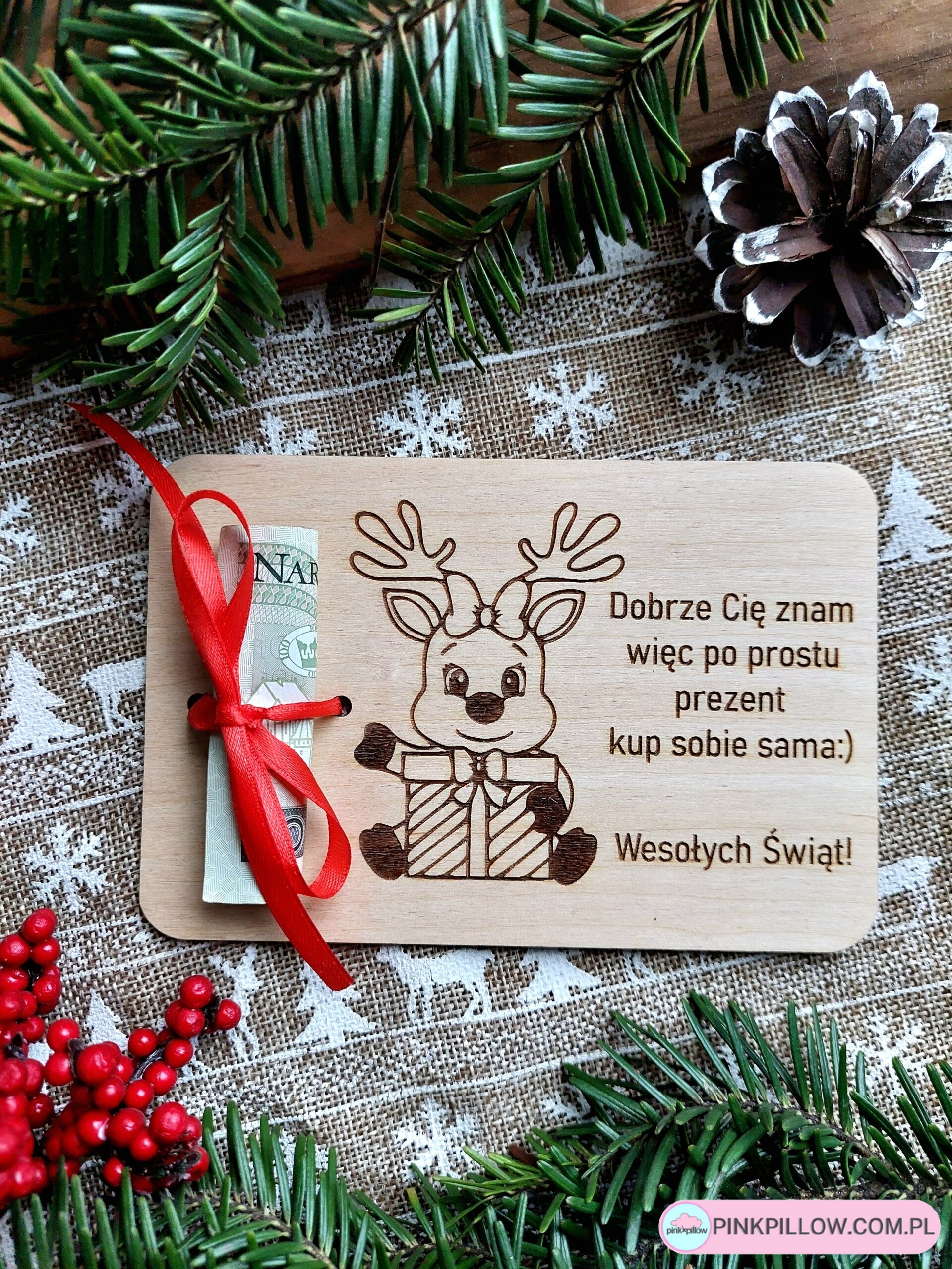 Świąteczny bon podarunkowy na pieniądze - Wzór Grafika renifer