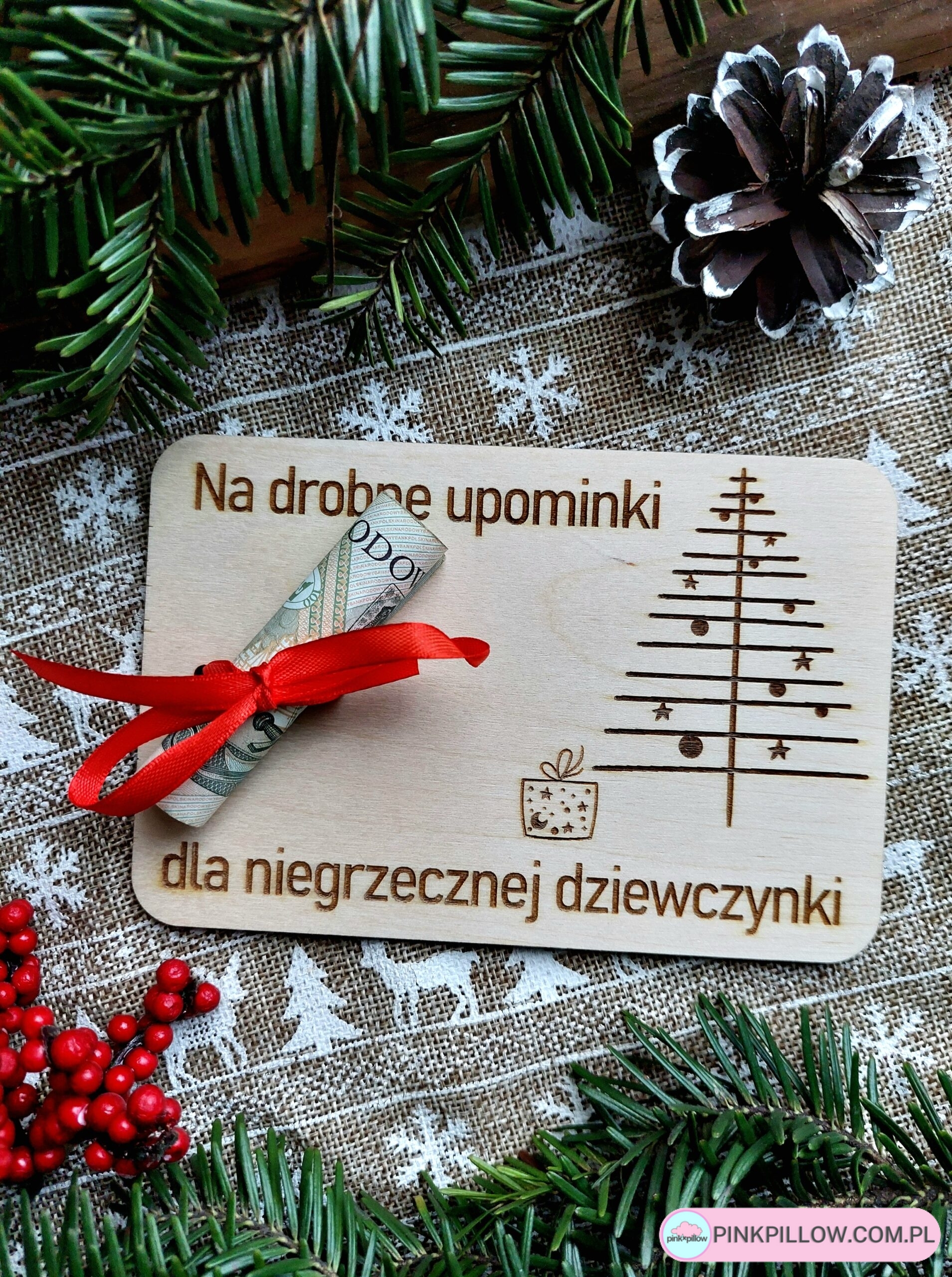 Świąteczny Bon podarunkowy/Etui na pieniądze - Wzór Grafika pozioma choinka "niegrzeczna dziewczynka"