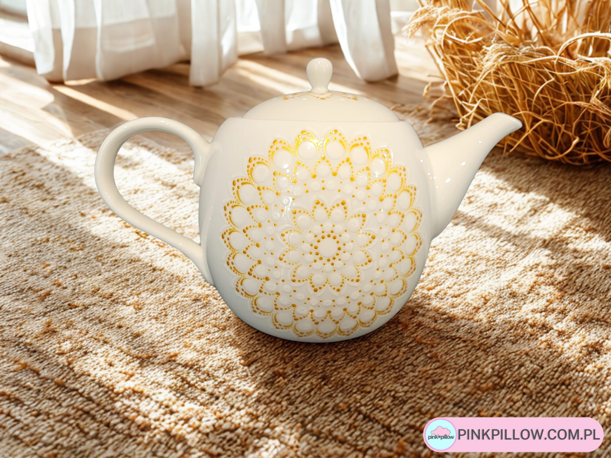 Imbryczek Ceramiczny z Mandalą Ręcznie malowany - Kolor Biały w Złota Mandalę