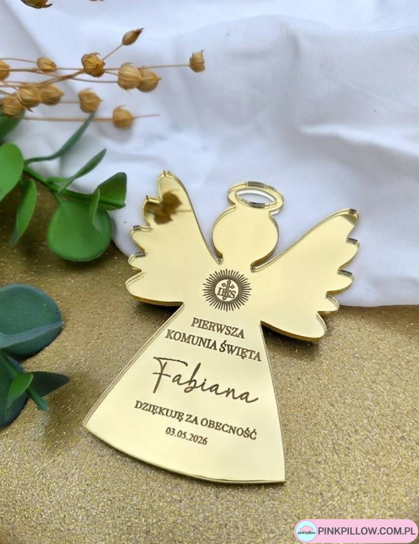 Lustrzane Podziękowanie/Magnes dla gości na Komunie, Chrzest - Złoty Anioł Stróż - obrazek 2