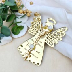 Lustrzane Podziękowanie/Magnes dla gości – Złoty Anioł Stróż z różańcem