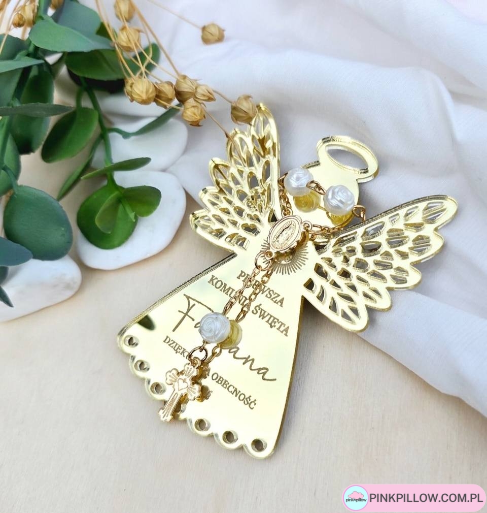Lustrzane Podziękowanie/Magnes dla gości – Złoty Anioł Stróż z różańcem