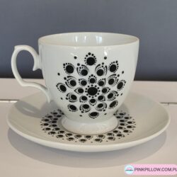 Filiżanka porcelanowa ze Spodkiem - Czarna Mandala - Dot Art
