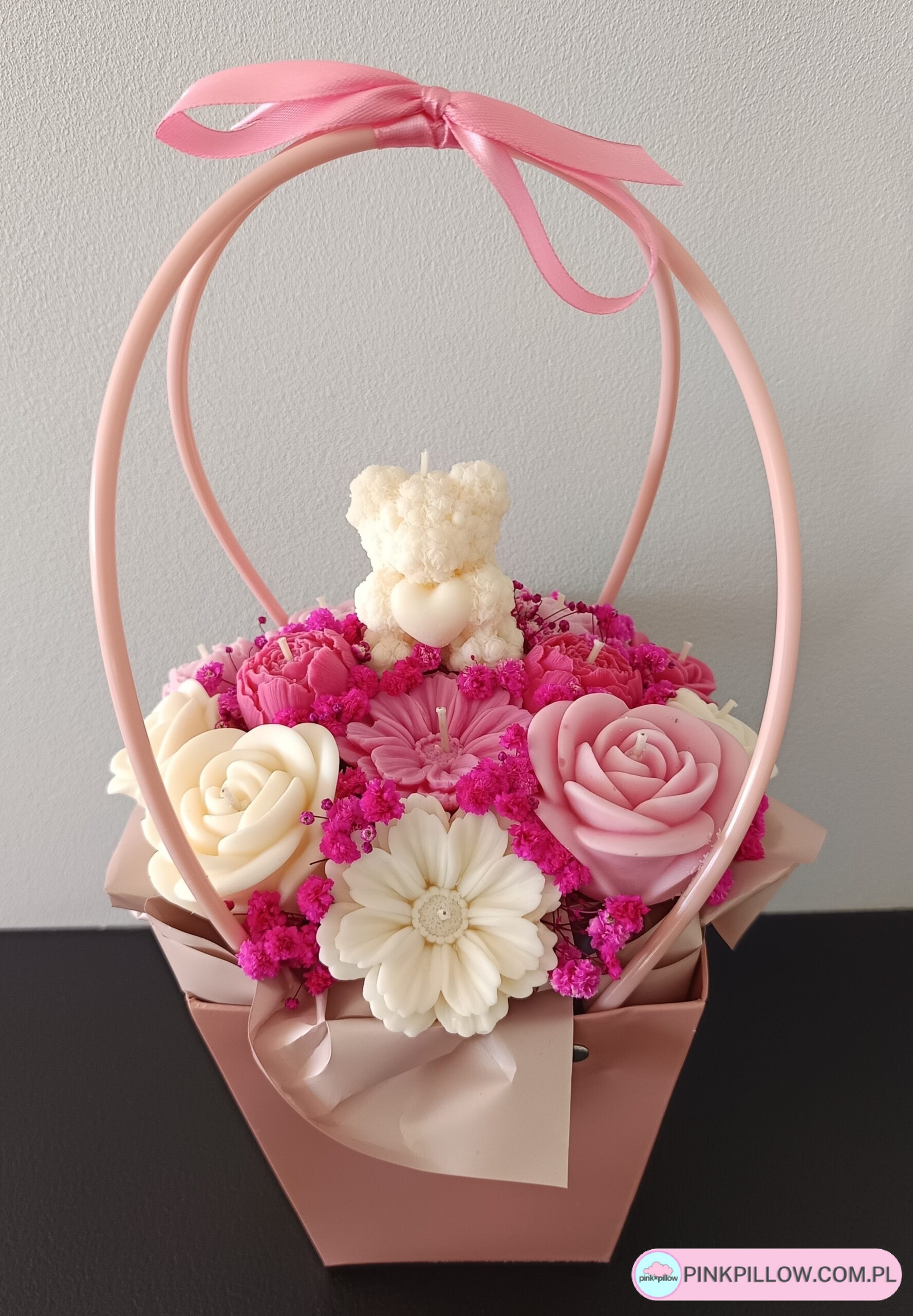 Bukiet Kwiatów z wosku w Torebce - Kolor Różowo-Biały