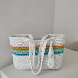 Torba Koszyk na zakupy na ramię 40x30 cm - Kolor Biały z Kolorowymi Paseczkami