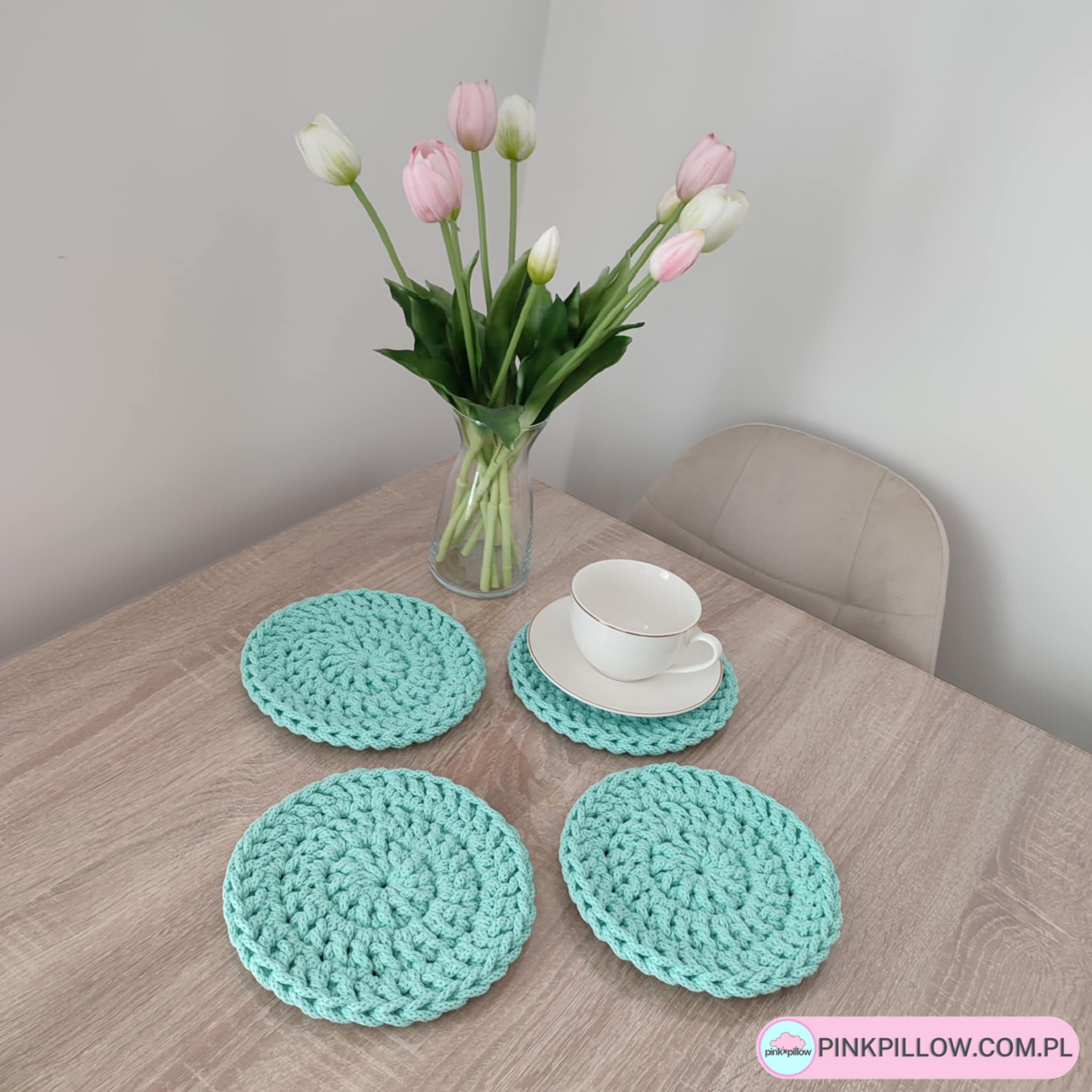 Komplet Podkładek pod Kubki ze sznurka 17 cm - Kolor Miętowy