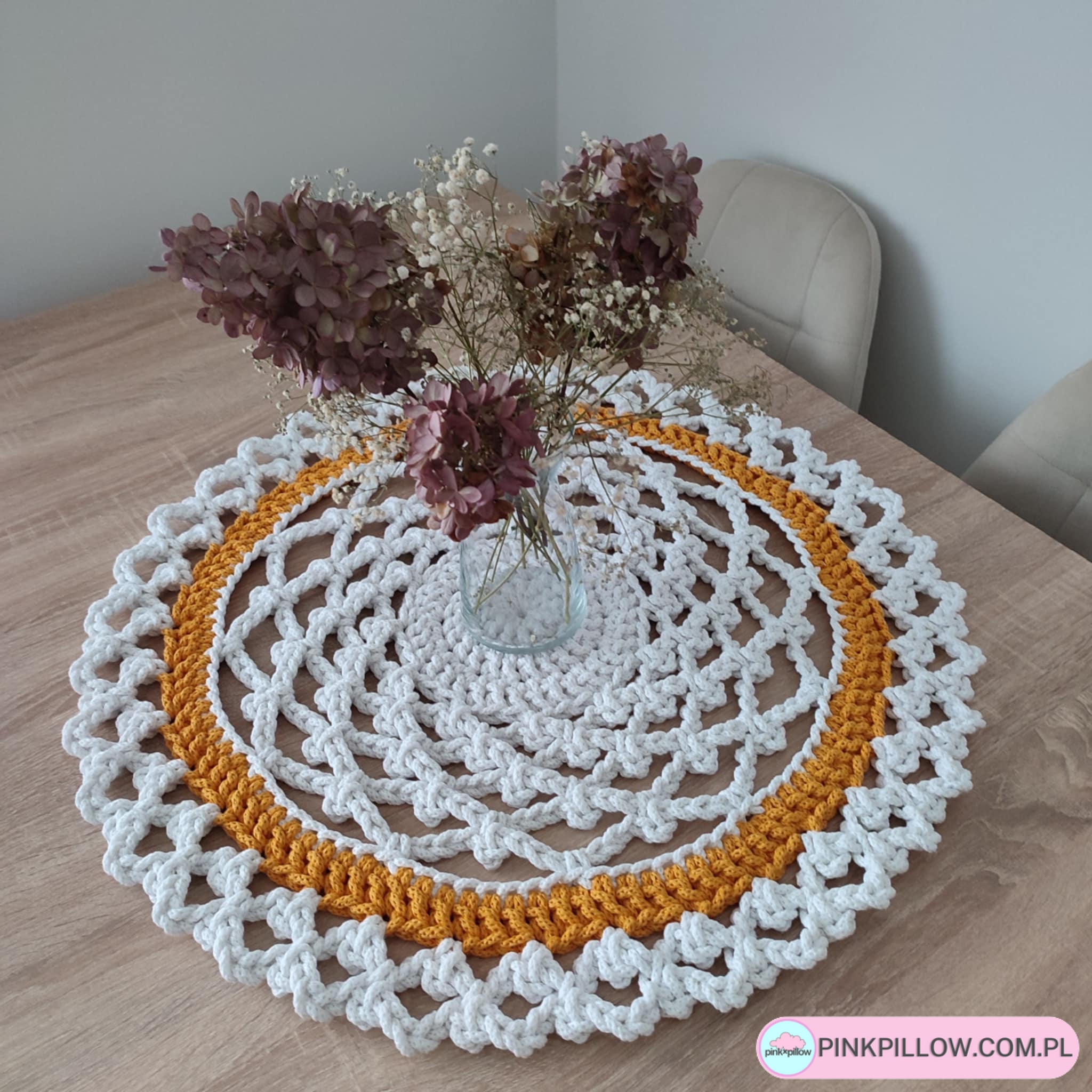 Serweta materiałowa ze sznurka - Średnica 60 cm - Kolor Biały i Żółty