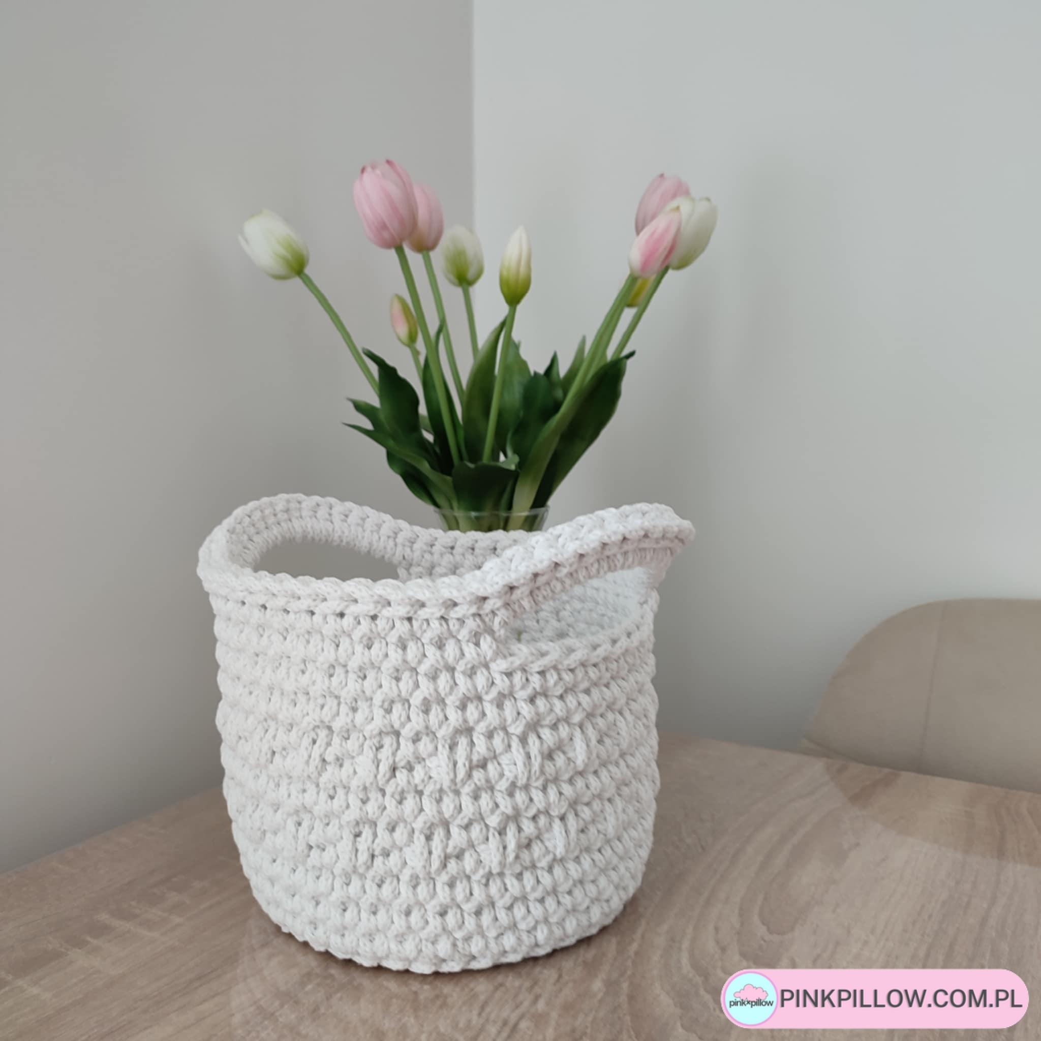 Mały Koszyk z uchwytami ze sznurka - Rozmiar 17x15 cm - Kolor Biały