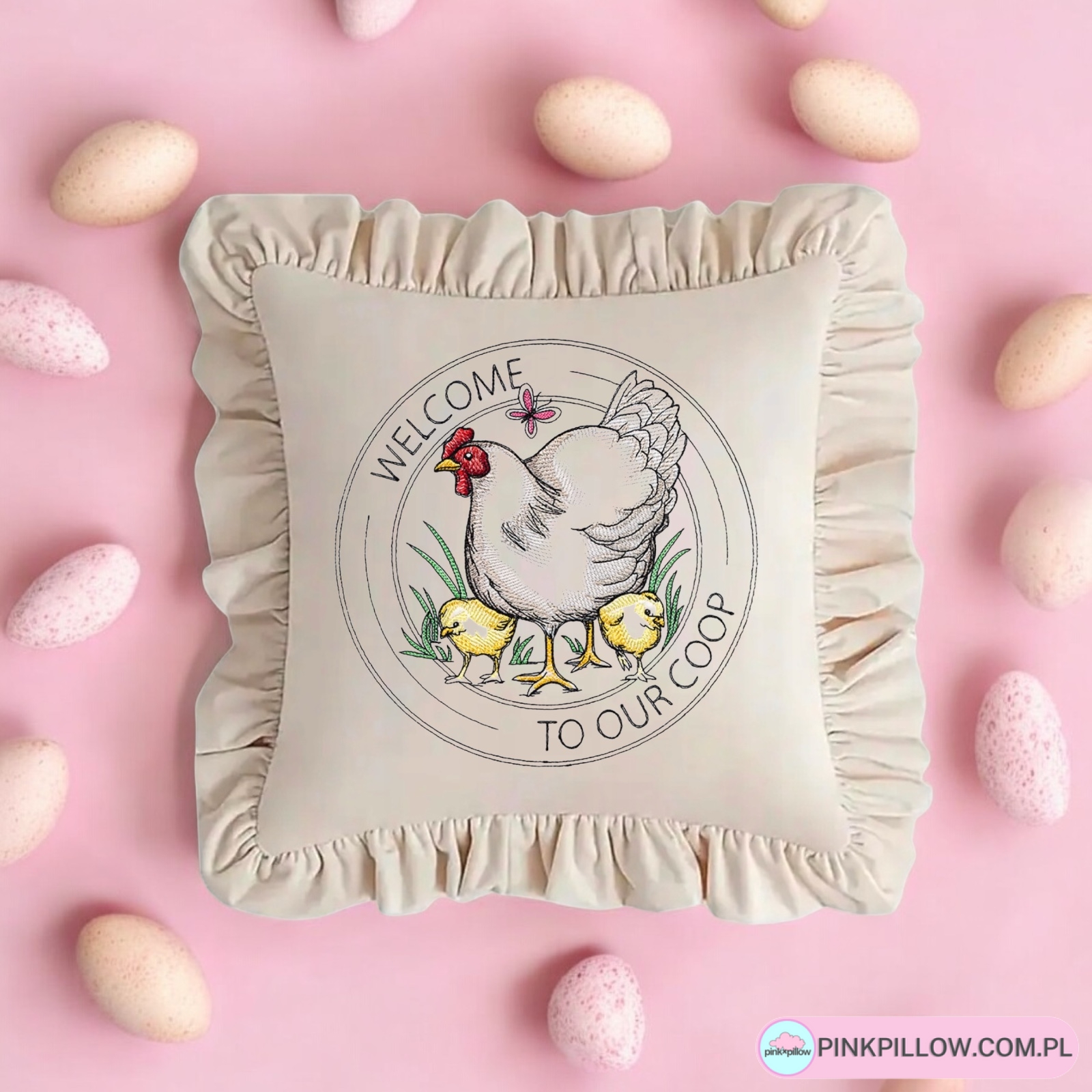 Poszewka welurowa z falbaną "Wielkanocna kura"