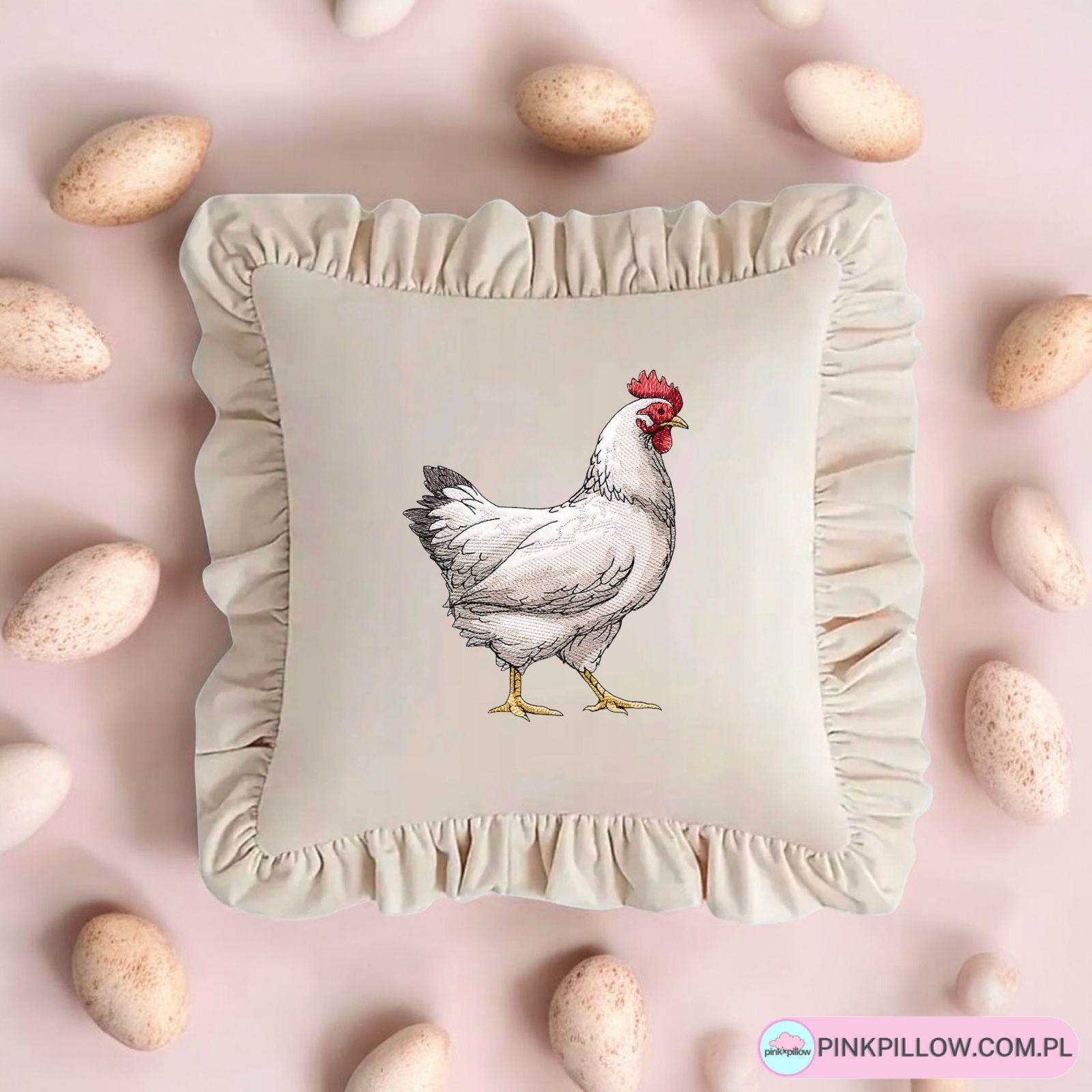 Poszewka welurowa z falbaną - Wzór Kura - Różne Kolory