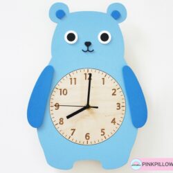 Drewniany Zegar do pokoju dziecka Miś - Kolor Niebieski