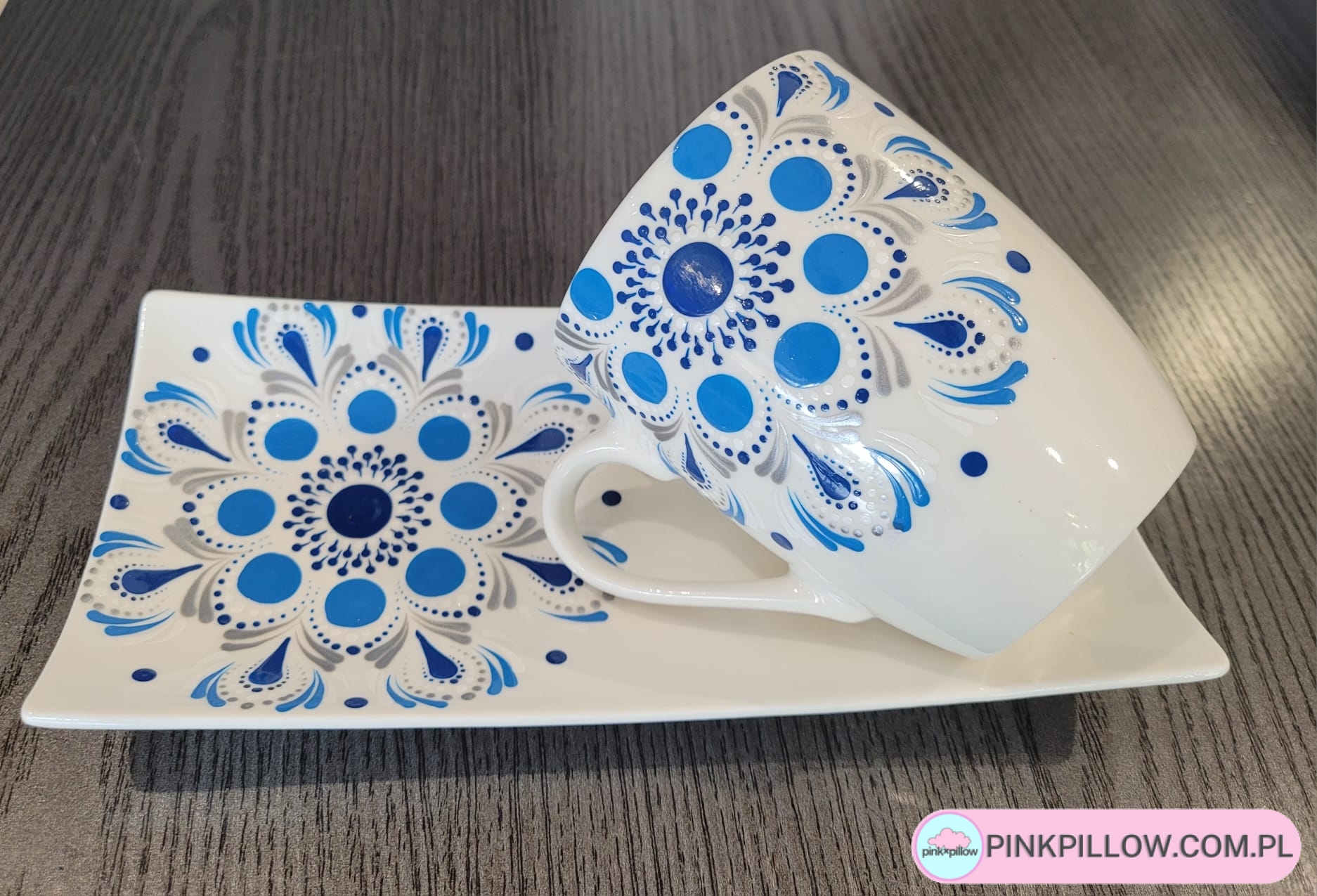 Komplet do Kawy Kubek z podłużnym Talerzykiem - Niebieska Mandala