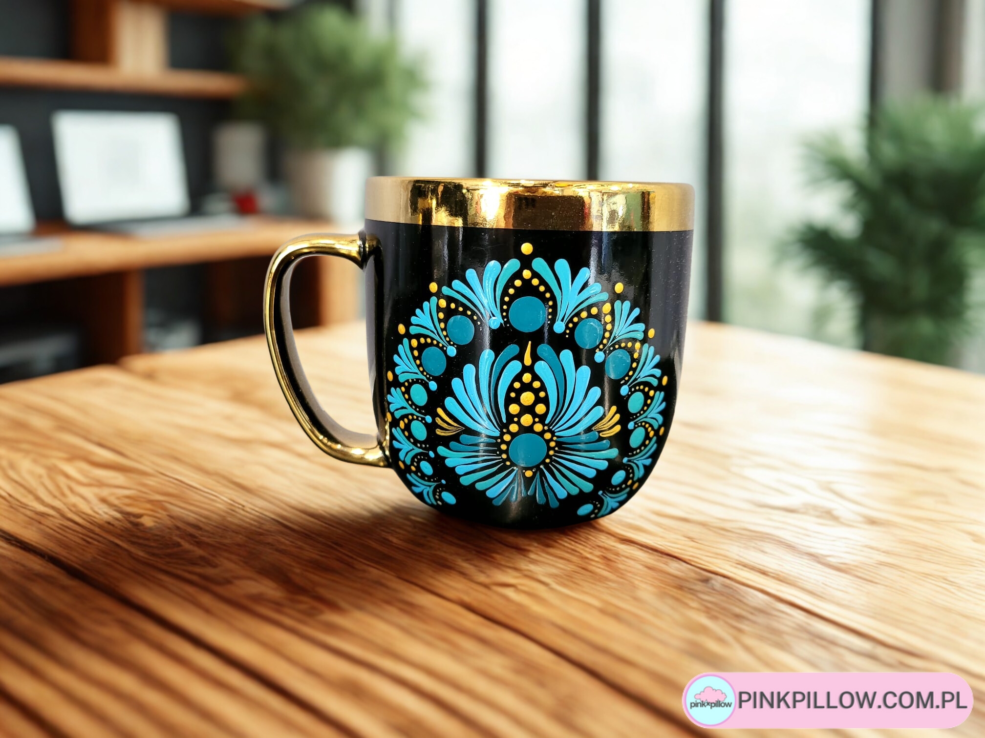 Kubek ze złotą obwódką 280 ml - Turkusowo-Złota Mandala