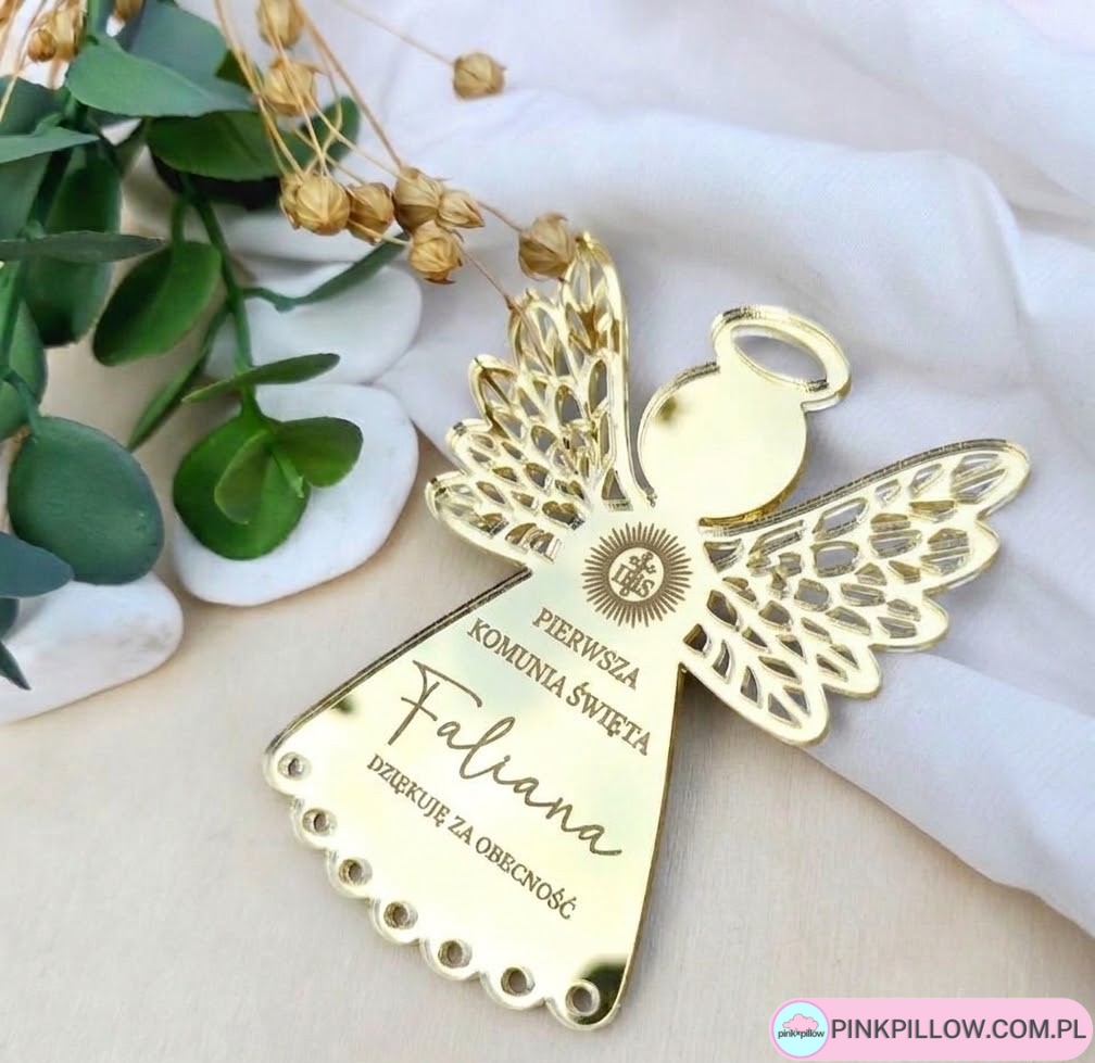 Lustrzane Podziękowanie/Magnes dla gości na Komunie, Chrzest - Złoty Anioł Stróż