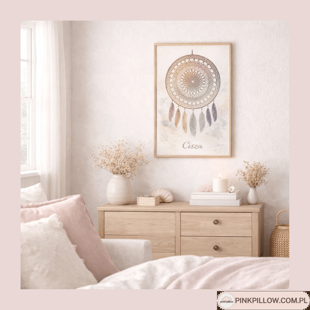 Artystyczny plakat „Cisza” przedstawiający ręcznie wykonany łapacz snów w odcieniach beżu, zieleni i subtelnego fioletu – minimalistyczna dekoracja ścienna do wnętrz boho.