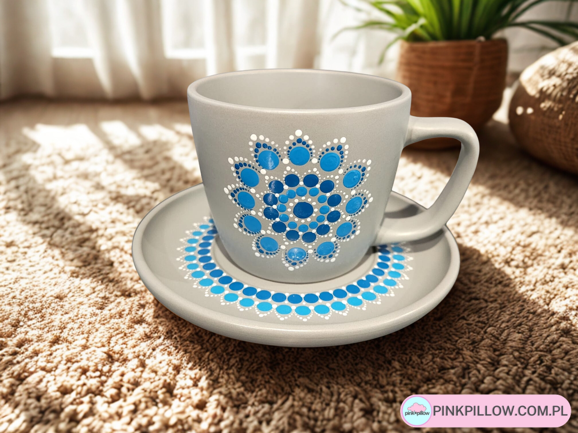 Filiżanka kamionka + Talerzyk - Mandala Błękitna