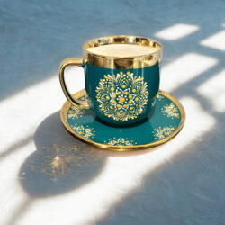 Kubek Glamour szmaragdowy z Talerzykiem - Wzór Mandala