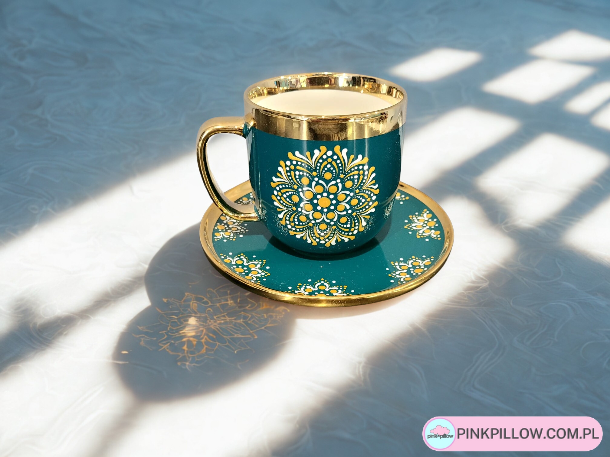 Kubek Glamour szmaragdowy z Talerzykiem - Wzór Mandala