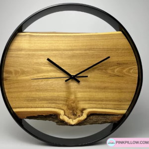 Drewniany zegar w stalowej ramie – Deska Akacji – Średnica 40 cm