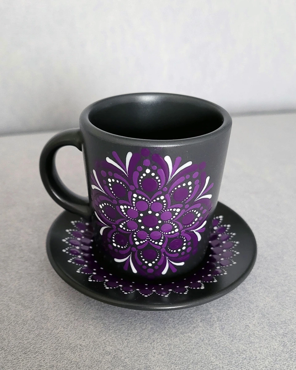 Kubeczek do Espresso 90 ml + Talerzyk - Wzór Fioletowa Mandala