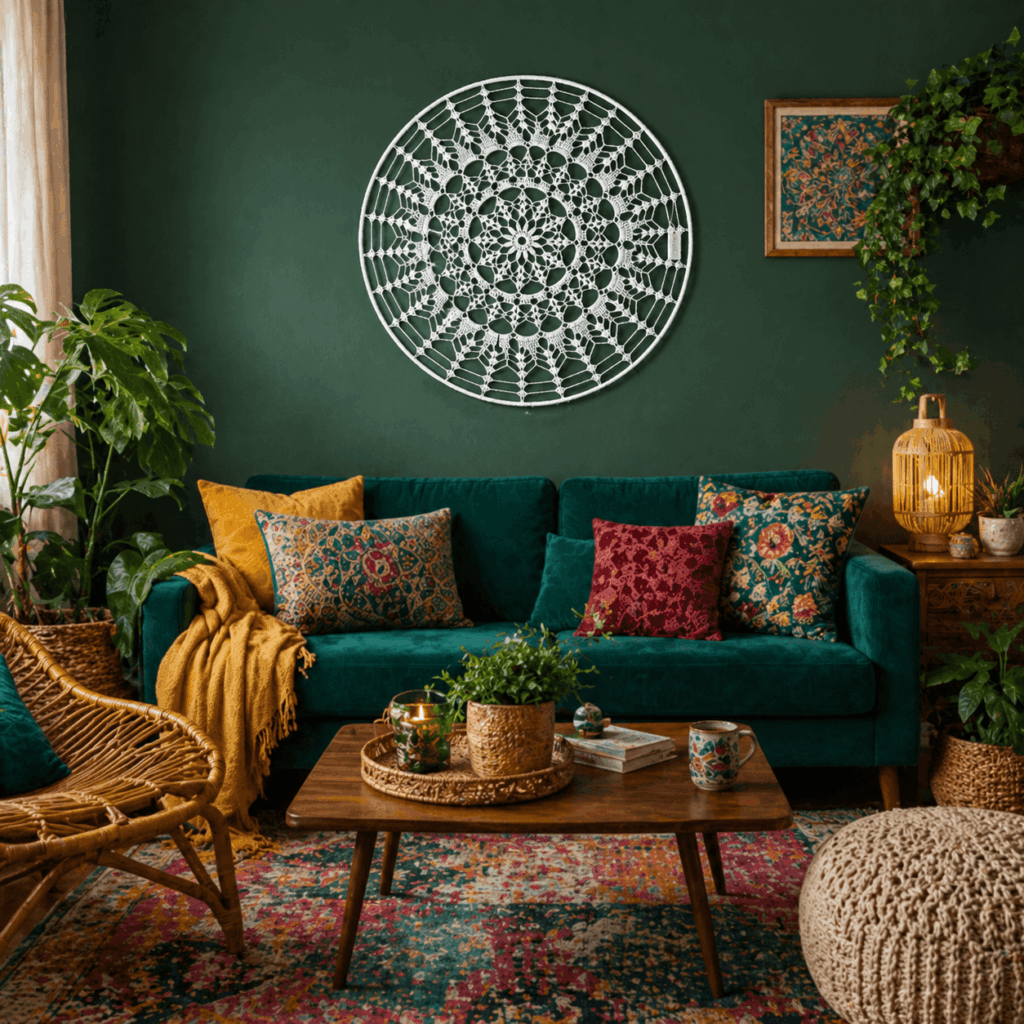 Kolorowy salon w stylu boho z ciemnozieloną ścianą i dużą białą mandalą handmade zawieszoną nad turkusową sofą. Wnętrze wypełniają rośliny, kolorowe poduszki, drewniane meble oraz wzorzysty dywan w klimacie boho.