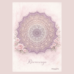 Plakat „Równowaga” z autorską fotografią szydełkowej mandali w odcieniach lila, beżu i szarości – dekoracja ścienna w stylu boho.