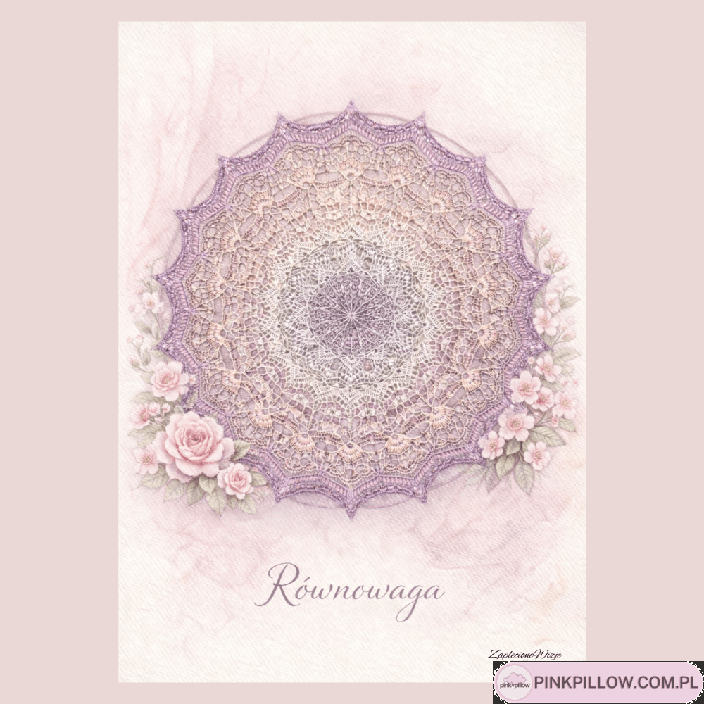 Plakat „Równowaga” z autorską fotografią szydełkowej mandali w odcieniach lila, beżu i szarości – dekoracja ścienna w stylu boho.