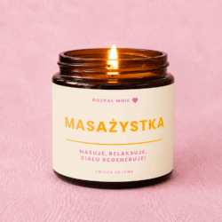 Świeca sojowa w szkle z napisem Masażystka