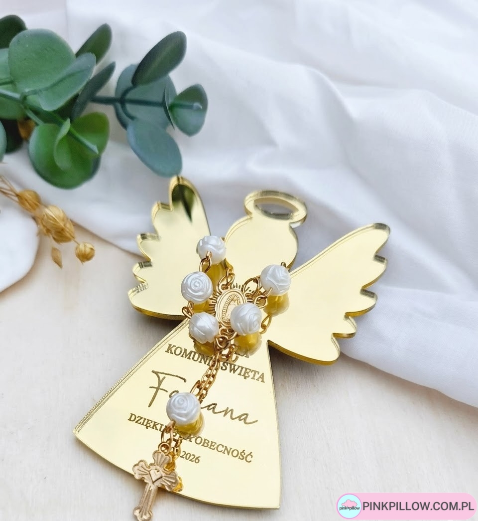 Lustrzane Podziękowanie/Magnes dla gości – Złoty Anioł Stróż z różańcem - obrazek 2